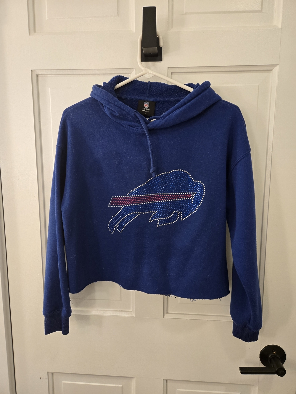 NFL Royal Blue Rhinestone Buffalo Logo Cropped Hoodie Sweater